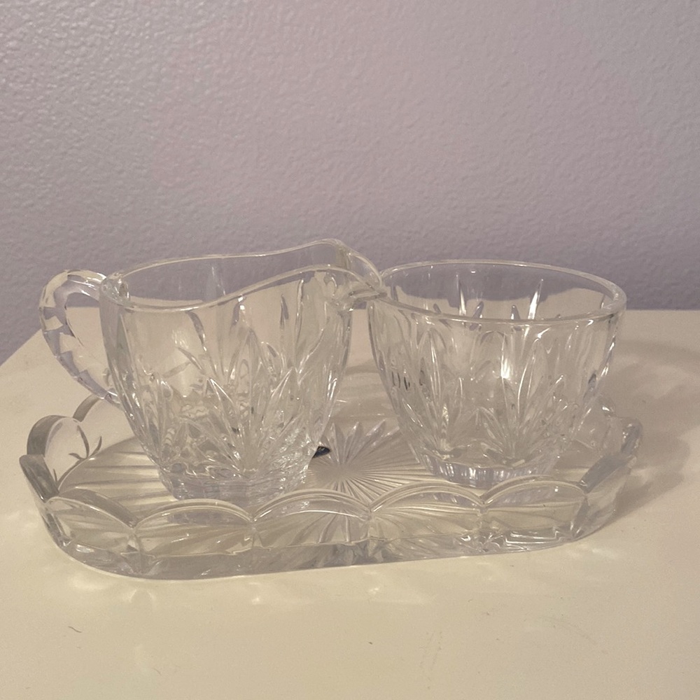 Bohemia crystal three (3) piece Czech Republic crystal cream sugar platter set